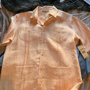 Brand new (tags) guayabera style shirt, papaya color. Short sleeve, 4 pockets.